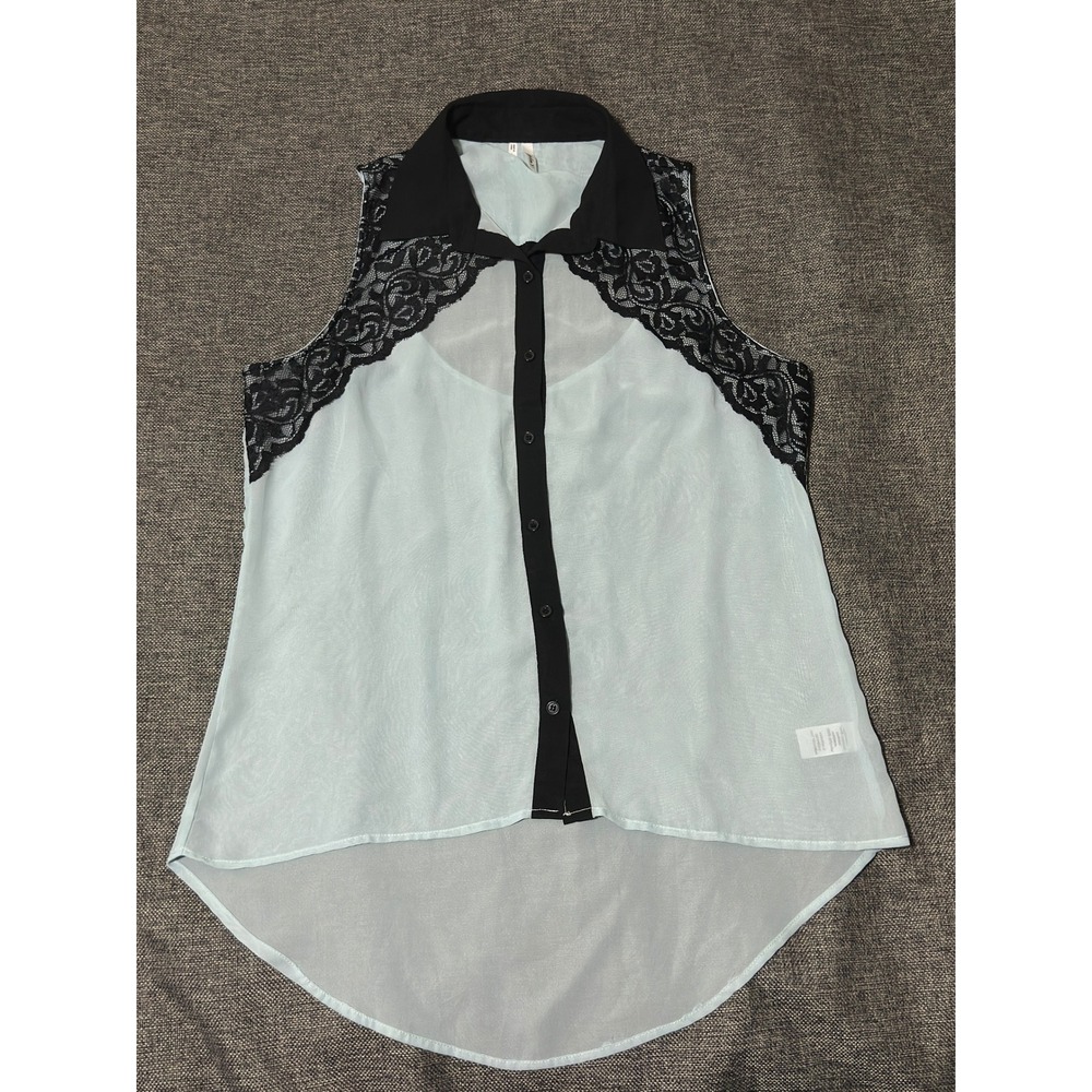 Studio Y Women's Large Sleeveless Blouse Mint Green Black Lace Trim High Low Hem